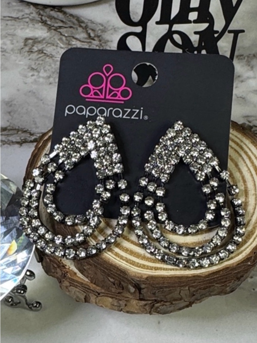 paparazzi Black and Silver Teardrop Rhinestone Earrings